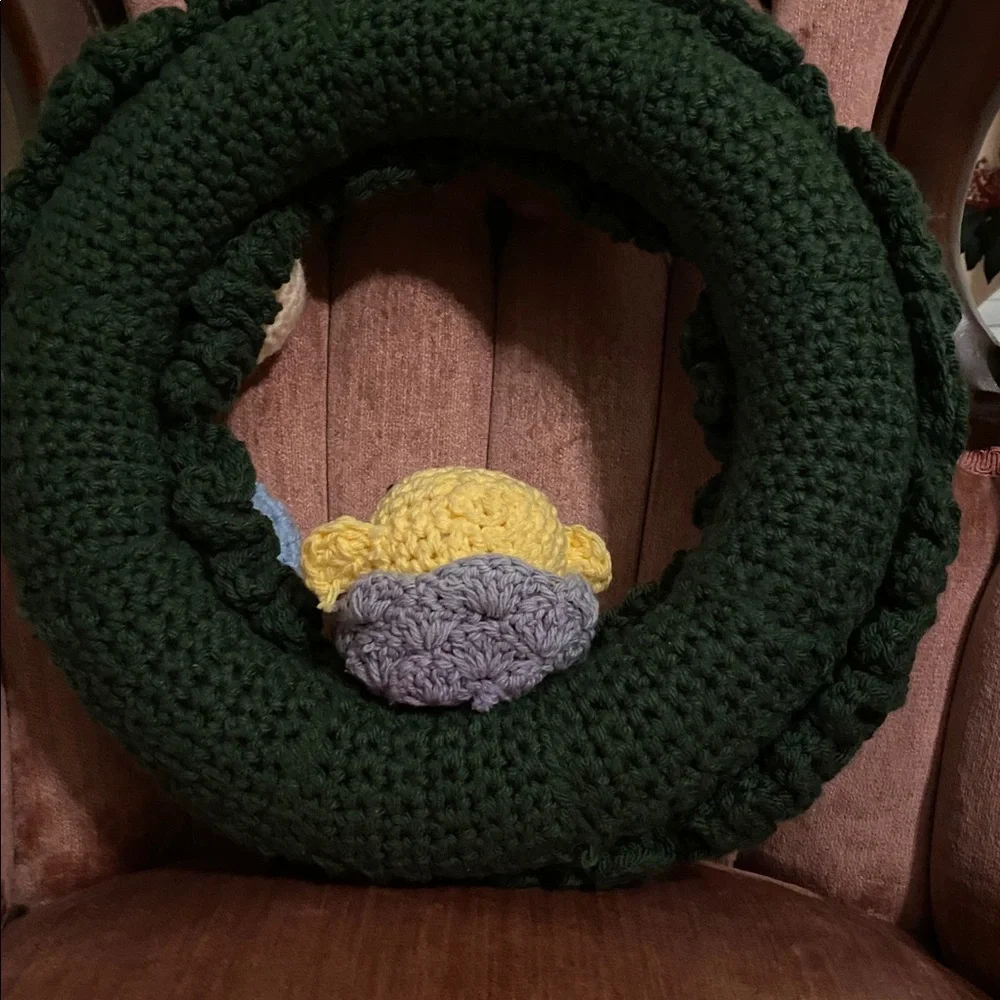 Vintage Handmade Crochet Easter Wreath with Chick and Eggs